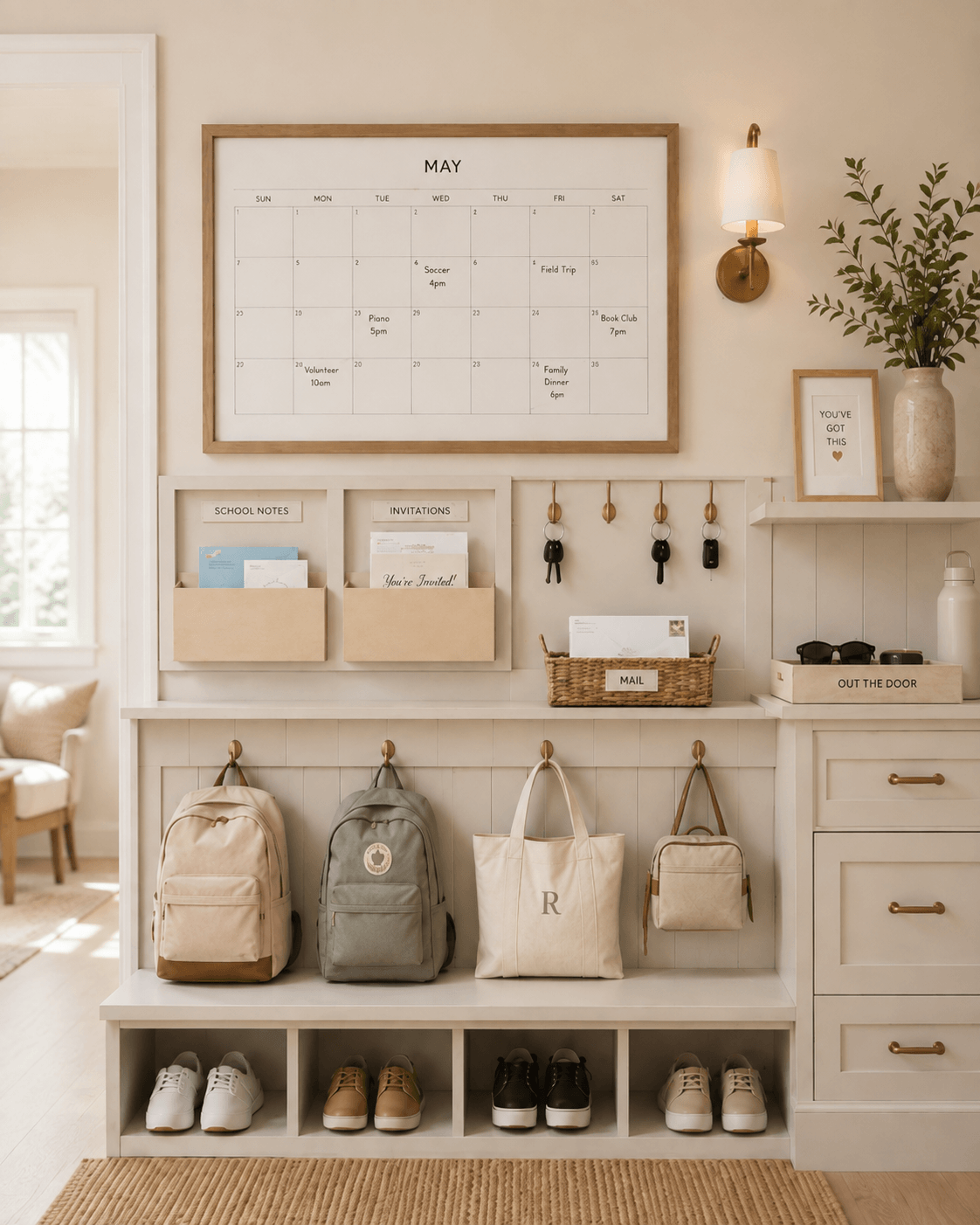 A calm, organized entryway with a tidy family calendar