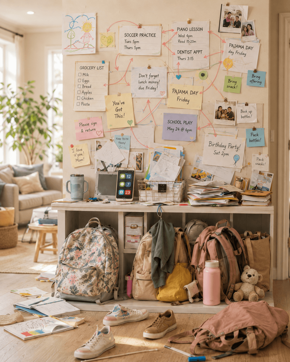 A cluttered entryway wall covered in notes, reminders and papers
